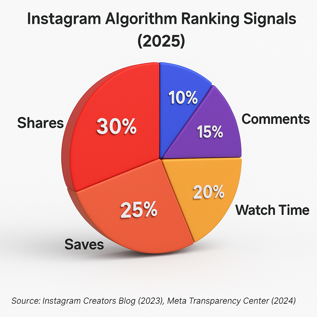 3D pie chart showing Instagram algorithm ranking signals in 2025, with Shares at 30%, Saves at 25%, Watch Time at 20%, Comments at 15%, and Likes at 10%.