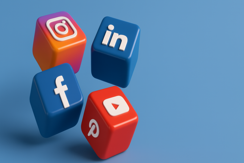 3D-rendered cubes displaying Instagram, LinkedIn, Facebook, and YouTube logos floating against a soft blue background, designed as a modern social media feature graphic