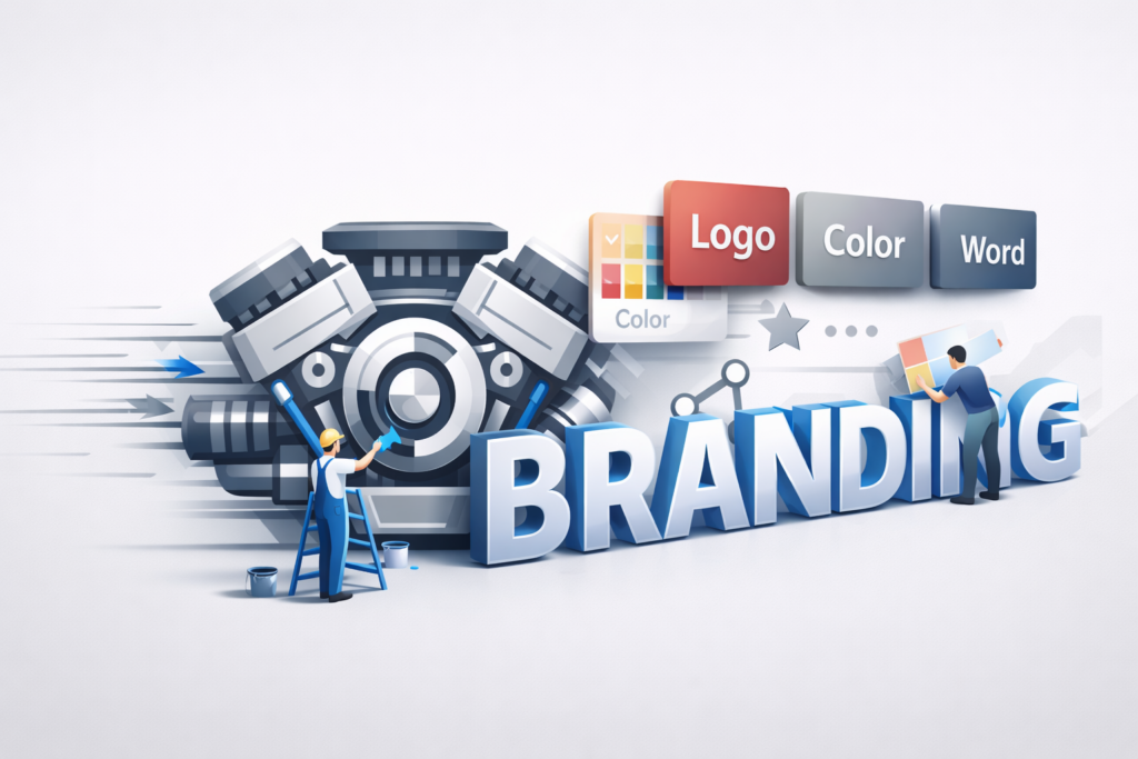 Illustration showing branding as the engine of a business, with a modern engine at the center, 3D branding elements like logo, color palette, and typography, and people working on the word “Branding,” representing how branding drives business growth in 2026.